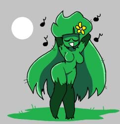 1girls :d arcaned_roses big_ass big_breasts claws closed_eyes flower_in_hair grass grassette_(roses_arcaned) green_body long_hair no_nipples non-human roses_arcaned tagme yellow_flower