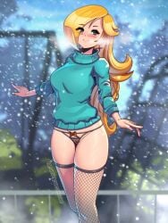 1girls black_panties blonde_hair blue_sweater female female_only fishnet_thighhighs fishnets green_eyes kagato007 lingerie long_hair mario_(series) no_pants outdoors panties princess_rosalina snow snowing solo standing stockings super_mario_galaxy sweater thighhighs turtleneck turtleneck_sweater underwear