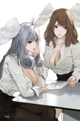 2girls black_skirt blue_eyes breasts brown_hair culry_hair eunie_(xenoblade) grey_hair head_wings j@ck large_breasts long_hair melia_antiqua nintendo no_bra office_lady paper pencil_skirt shirt skirt thighhighs white_shirt wings wings_on_head xenoblade_(series) xenoblade_chronicles_3