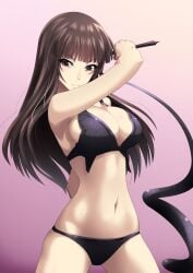 1girls black_bra black_lingerie black_panties bra breasts brown_eyes brown_hair girls_und_panzer holding_whip large_breasts lingerie long_hair looking_at_viewer midriff miraino_tsubasa navel nishizumi_shiho panties whip