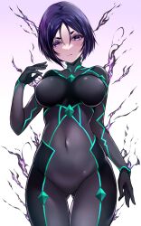 1girls alternate_breast_size aura bags_under_eyes big_breasts black_bodysuit bodysuit breasts clothed clothed_female clothing dark_aura eye_bags fate/samurai_remnant fate_(series) female female_only licking_lips light-skinned_female light_skin light_skinned_female navel_visible_through_clothes purple_eyes purple_hair short_hair solo solo_female tight_bodysuit tight_clothes tight_clothing ushi_gozen_(fate)