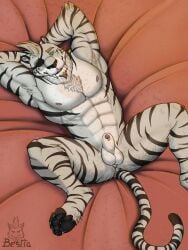 anthro ass balls claws elbestia exhibitionism eye_patch eyewear fangs felid genitals herzog_silverfang hi_res lying male male_only mammal manly nude on_back pantherine pawpads paws penis pose seductive slightly_muscular solo stripes tail teeth tiger