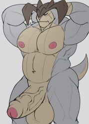 anthro balls bara barazoku big_balls big_penis blush boner castrodour closed_eyes erection grey_body hands_behind_head horns male male_only muscles muscular nintendo nude penis pokemon solo solo_male terrakion