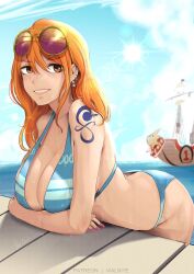 1girls bikini blue_bikini blue_swimsuit breasts clouds earrings female female_only large_breasts long_hair looking_at_viewer nami ocean one_piece orange_eyes orange_hair outside painted_fingernails post-timeskip sky sunglasses sunglasses_on_head swimsuit tattoo tattoo_on_arm tattooed_arm thousand_sunny vialnite water