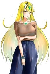 1girls blonde_hair bracelet breasts brown_shirt casual casual_clothes core_crystal earrings jeans large_breasts long_hair looking_at_viewer mitsugu mythra nintendo shirt tiara xenoblade_(series) xenoblade_chronicles_2 yellow_eyes yellow_hair