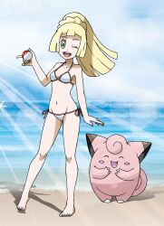 1girls beach bikini blonde_hair breasts clefairy clouds female green_eyes holding_poke_ball human light-skinned_female light_skin lillie_(pokemon) looking_at_viewer midriff navel nintendo ocean outside pokeball pokemon pokemon_sm ponytail side-tie_bikini side-tie_swimsuit sky slender_legs small_breasts straight_hair swimsuit tellzeta thighs water white_bikini white_swimsuit