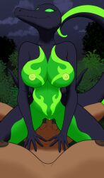 2023 absurd_res anthro anthro_penetrated areola barely_visible_genitalia barely_visible_pussy big_breasts black_body breasts detailed_background duo fakemon fan_character female female_penetrated first_person_view forest forest_background genitals green_areola green_body green_eyes green_nipples green_pussy green_sclera grey_body gynomorph gynomorph/female gynomorph_humanoid gynomorph_penetrating gynomorph_penetrating_female gynomorph_pov hand_on_chest hi_res human human_on_anthro human_penetrating human_penetrating_anthro humanoid humanoid_genitalia humanoid_penis intersex intersex/female intersex_penetrating intersex_penetrating_female intersex_pov interspecies looking_at_viewer mammal nature nature_background night nintendo nipples nude_outside on_bottom on_top outdoor_sex outside outside_sex penetration penile penile_penetration penis penis_in_pussy phoxst plant pokémon_(species) pokemon pokemon_(species) pokemon_uranium pussy reptile reverse_cowgirl_position salazzle scalie sex sky tail tree vaginal_penetration