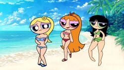 3girls artstyle_imitation beach black_hair blonde_hair blossom_(powerpuff_girls) blue_eyes bubbles_(powerpuff_girls) buttercup_(powerpuff_girls) clothing green_eyes multiple_girls pink_eyes powerpuff_girls red_hair seductive sisters smile swimsuit