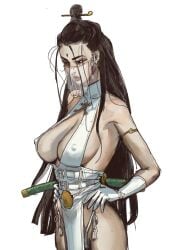 1girls big_breasts black_hair cleavage erect_nipples_under_clothes face_veil female female_only human human_only large_breasts long_hair mossa sword thong