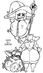 freckles_on_ass goblin goblin_ears goblin_female huge_ass large_areolae large_breasts mage monochrome no_color nsfwoaf original_character pointy_ears shortstack staff tagme witch witch_hat