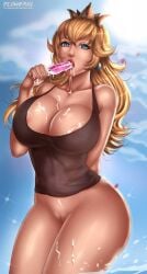 1girls alternate_costume blonde_hair blue_eyes blue_sky breasts busty cleavage covering_breasts crown earrings female female_only flowerxl food hips holding_food hourglass_figure huge_breasts ice ice_cream ice_cream_on_breasts jewelry large_breasts legs lipstick long_hair looking_at_viewer mario_(series) nintendo nipples no_shorts oral_insertion pinup popsicle princess princess_peach pussy red_lipstick sexually_suggestive shorts solo standing sweets tank_top thighs very_long_hair voluptuous voluptuous_female