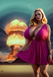 1girls ai_generated barbara_millicent_roberts barbenheimer barbie_(2023) barbie_(franchise) barbie_(margot_robbie) big_breasts blonde_female blonde_hair breasts cleavage dress female full_figured huge_breasts large_breasts margot_robbie massive_breasts mattel mushroom_cloud nuclear_explosion oppenheimer oppenheimer_(film) pink_dress solo