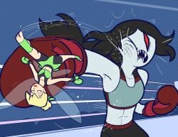 2girls adventure_time boxing boxing_gloves boxing_match boxing_ring cartoon_network crossover disney fairy female female_focus female_only fight fighting_ring gloves green_boxing_gloves green_gloves kicking kicking_face marceline netto-painter peter_pan_(disney) red_boxing_gloves red_gloves size_difference tinker_bell vampire vampire_girl warner_bros warner_brothers