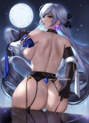 1girls bronya_rand choker earrings functionally_nude functionally_nude_female garter_belt garter_straps honkai:_star_rail honkai_(series) lingerie long_hair looking_at_viewer moon night night_sky nipples sideboob silver_hair solo tagme thick_thighs thighs weisart