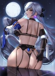 1girls ass ass_focus big_ass bra bronya_rand choker dat_ass earrings garter_belt garter_straps honkai:_star_rail honkai_(series) lingerie long_hair looking_at_viewer moon night night_sky silver_hair solo tagme thick_thighs thighhighs thighs voluptuous voluptuous_female weisart