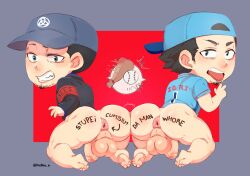 2boys anus ass ass_focus asshole baseball_cap dasblue_in gay iori_junpei junpei_iori male male_only persona_3 persona_4_arena persona_4_arena_ultimax presenting_anus presenting_ass writing writing_on_ass writing_on_body