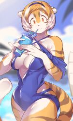 1girls amber_eyes anthro arknights beach big_breasts blurred_background breasts drinking mx99926 solo solo_female thick_thighs tiger tiger_girl waai_fu_(arknights) water wide_hips