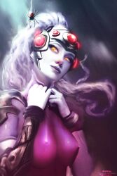 1girls anato_finnstark eyewear_on_head latex long_hair medium_breasts overwatch realistic see-through_clothing skin_tight spider visor widowmaker yellow_eyes