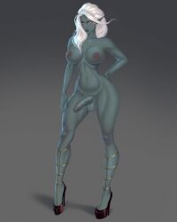 absurd_res areola balls boots breasts clothing dark_elf elf female flexible_survival footwear futanari genitals glowing glowing_eyes grey_body hair hi_res humanoid jewelry legwear looking_at_viewer moirah nipples penis solo standing white_hair