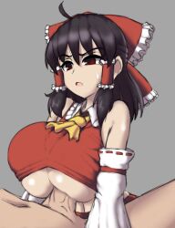 1boy 1boy1girl 1girls ahoge alternate_version_available annoyed_expression big_breasts black_hair boobjob breasts clothed_female_nude_male dizner female grey_background light-skinned_female light-skinned_male male miko open_mouth paizuri paizuri_under_clothes penis red_eyes reimu_hakurei shrine_maiden sweatdrop titjob touhou underboob