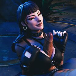 big_breasts black_hair black_penis fortnite goth goth_girl happy jungle macklesternsfw paizuri phaedra_(fortnite) smile smiling titjob