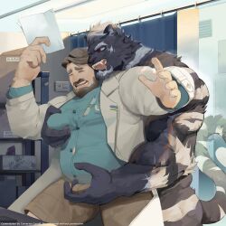 absurd_res anthro anthro_dominating_human beard big_dom_small_sub big_muscles big_pecs black_body black_fur bodily_fluids brown_hair bulge bulge_grab dark_(tigerballshow) dominant drooling duo facial_hair fangs felid fur hair hi_res holding_partner human human_on_anthro interspecies larger_anthro larger_male licking licking_lips male male/male mammal moustache multicolored_body multicolored_fur musclegut muscular muscular_anthro muscular_human muscular_male nude open_mouth pantherine pec_grab rcamerion saliva sharp_teeth size_difference smaller_human smaller_male striped_body striped_fur stripes submissive submissive_human submissive_male teeth tiger tongue tongue_out white_body white_fur