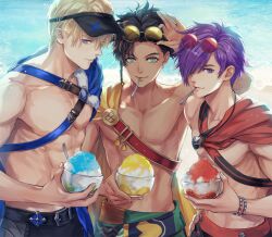 3boys alternate_costume blonde_hair blue_eyes bowl braid brown_hair claude_von_riegan claude_von_riegan_(summer) commentary_request dimitri_alexandre_blaiddyd dimitri_alexandre_blaiddyd_(summer) earrings eyewear_on_head fire_emblem fire_emblem:_three_houses fire_emblem_heroes fire_emblem_warriors:_three_hopes food green_eyes hair_over_eyes halftone halftone_background hand_on_own_hip holding holding_bowl holding_food jewelry looking_at_viewer male male_focus male_only male_swimwear multiple_boys nintendo ocean official_alternate_costume one_eye_covered purple_eyes purple_hair round_eyewear saku_(soreca49) shaved_ice shez_(fire_emblem) shez_(male)_(fire_emblem) shez_(male)_(summer)_(fire_emblem) single_earring swim_trunks topless_male utensil_in_mouth visor_cap