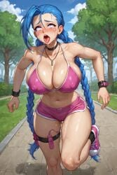 1girls ahe_gao ai_generated alternate_breast_size armpits blue_hair braid breasts choker cleavage covered_nipples exhibitionism female female_masturbation female_orgasm jinx_(league_of_legends) large_breasts league_of_legends long_hair masturbation outdoors public public_masturbation running sex_toy shorts solo sweat tensor_art thigh_strap vibrator