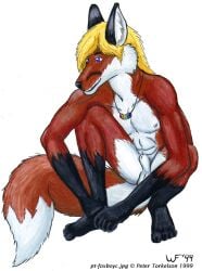 1990s 1999 20th_century abs anthro blond_hair blue_eyes fox furry gay long_hair long_hair_male male necklace nipple sheath solo solo_male tail whitefire