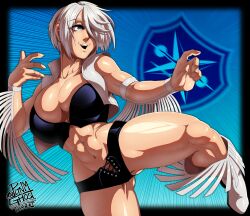 1girls abs absurd_res angel_(kof) biceps blue_background blue_eyes breasts cleavage cosplay crossover_cosplay dated dead_or_alive dead_or_alive_2 hair_over_one_eye hi_res king_of_fighters large_breasts latina mexican_female muscular muscular_female navel obliques open_mouth pltnm06ghost shoooohhhh signature simple_background snk solo tecmo thick_thighs tina_armstrong_(cosplay) white_hair wrestling_outfit