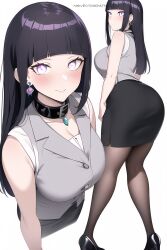 1girls ai_generated ass black_legwear choker cleavage earrings female female_only fully_clothed high_heels hyuuga_hinata mrvectorpath naruto naruto:_the_last naruto_(series) naruto_shippuden office_lady pantyhose skirt sleeveless sleeveless_shirt sleeveless_vest