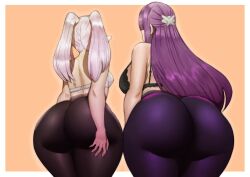 2girls ass ass_comparison ass_focus ass_size_difference big_ass big_breasts breast_size_difference breasts dat_ass doublehero elf elf_ears elf_female female female_only fern_(sousou_no_frieren) frieren gigantic_ass hips huge_ass huge_breasts long_hair medium_breasts multiple_girls purple_eyes purple_hair sousou_no_frieren thick_thighs thighs twintails white_hair wide_hips