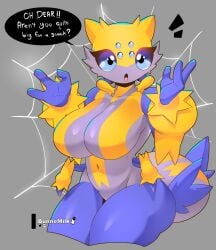 anthro anthrofied big_breasts breasts bunnemilk dialogue english_text female galvantula nintendo pokémon_(species) pokemon solo text thick_thighs wide_hips