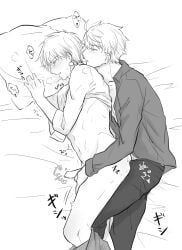 arthur_pendragon arthur_pendragon_(fate) blush clothed_sex earrings fate/grand_order fate_(series) fully_clothed_male gay gilgamesh gilgamesh_(fate) half-dressed implied_anal muscular_male pants_down penis pillow shirt_lift stroking_penis toned_male yaoi