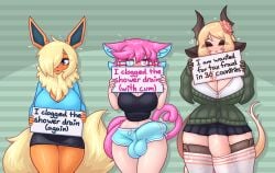 3futas big_areola big_balls big_breasts big_penis big_thighs black_pants black_shirt blonde_hair blue_eyes blue_shirt blush cat_ears cat_girl cat_tail flareon fox_ears fox_girl fox_tail futanari heterochromia limebreaker looking_at_another looking_away penis_in_thighhighs pink_eyes pink_hair pokemon text_box