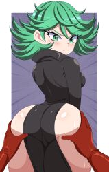 1girls abysswatchers ass ass_grab blush breasts clothed dat_ass female green_eyes green_hair hi_res large_ass light-skinned_female light_skin medium_breasts one-punch_man tatsumaki