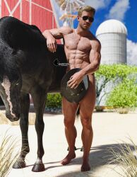 1animal 1boy 1horse 1male 3d activision black_horse call_of_duty call_of_duty_modern_warfare_2_(2022) covering_self cowboy_hat day daytime farm ghostwolf human human_focus male_focus masculine muscular muscular_male naked naked_male no_visible_genitalia nonsexual nude nude_male phillip_graves rural solo_focus solo_male sunglasses_only