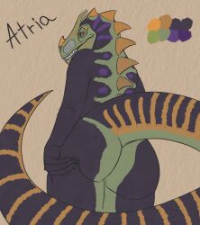 absurd_res allosaurid allosaurus anthro ass atria butt_focus butt_grab colored dinosaur female gloveboxpoptart green_body green_scales grinning_at_viewer hand_on_butt hi_res horn looking_at_viewer looking_back purple_body reptile scales scalie smile solo spikes striped_body stripes tail theropod