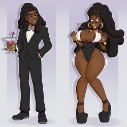 alcohol areola_slip ass ass_expansion before_and_after big_breasts bimbofication black_hair black_pupils blouse bowtie bracelet bracelets breast_expansion breast_growth breasts button_pop clothed commissioner_upload curvaceous curvy dark-skinned_female dark-skinned_male dark_hair dark_skin ear_ring female full_body gender_transformation genderswap_(mtf) gold_bracelet gold_lipstick hair high_heels hips_wider_than_shoulders hoop_earrings hourglass_figure human knees_together_feet_apart leotard lipstick long_hair male male_to_female martini_glass nail_polish nails_painted nipples open_mouth original_character pantless pigeon-toed pinky_out platform_heels puffy_lips rainbow rainbow_bowtie rainbow_neckwear shine smiling smirk standing suit thick_thighs transformation voluptuous white_outline wide_eyed wide_hips wrenzephyr2