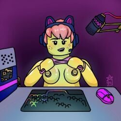 bangs black_eyes breasts cat_ears catgirl gamer_girl headphones kae94 large_breasts lego lego_anatomy netflix ninjago ninjago:_dragons_rising pink_hair ponytail showing_breasts smiling smiling_at_viewer sora_(ninjago) streamer yellow_skin