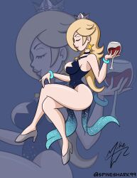 1girls 2d 2d_(artwork) alcohol alternate_costume bare_thighs big_breasts blonde_hair blue_eyes child_bearing_hips female female_only hair_over_one_eye high_heels mario_(series) nintendo no_panties princess_rosalina sideboob solo solo_female spineshark99 starry_night_dress_(sarukaiwolf) super_mario_galaxy wine