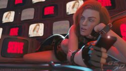 blue_eyes broadcast dominant dominant_female domme electronics exposed_breasts exposed_nipples gs3d latex latex_bodysuit latex_clothing latex_gloves latex_suit red_hair rubber rubber_clothing rubber_gloves rubber_suit television television_screen