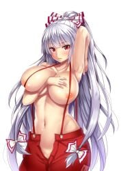 arm_up armpits blush bow breast_press breasts collarbone commentary_request cowboy_shot ebi_193 female fujiwara_no_mokou groin hairbow hand_on_own_chest large_breasts long_hair looking_at_viewer naked_suspenders navel nipples open_fly open_mouth pants parted_lips red_eyes red_pants silver_hair simple_background solo standing stomach suspenders topless touhou very_long_hair white_background white_bow