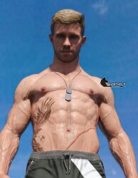 3d abs bara blonde_hair blue_background blue_eyes call_of_duty call_of_duty_modern_warfare_2_(2022) ghostwolf looking_at_viewer looking_down_at_viewer male male_focus male_only male_pov masculine muscles muscular muscular_male no_visible_genitalia pecs phillip_graves solo_male tattoo tattoo_on_side tattoo_on_stomach veiny veiny_muscles viewed_from_below