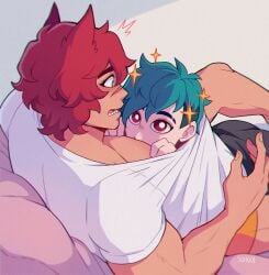 2boys aphelios aqua_hair arms bed big_eyes blush casual clothed clothing couple cute gay heartsteel_aphelios heartsteel_series heartsteel_sett league_of_legends looking_at_partner male male/male miauest muscular muscular_arms muscular_male no_sex non-nude peeking red_hair sett sparkles underwear yaoi