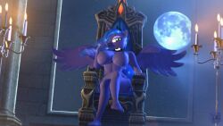 1girls 3d 3d_(artwork) alicorn anthro antonsfms blue_body blue_eyes blue_hair blue_skin breasts candles chair crown digital_media_(artwork) equine feet female friendship_is_magic hasbro hi_res horn long_hair moon my_little_pony nipples princess_luna_(mlp) sitting throne wings