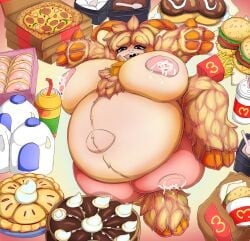 anthro ass belly big_belly big_breasts big_crotchboobs blush bodily_fluids bovid breasts caprine chubby_female crotchboobs dessert digital_media_(artwork) domestic_sheep eating eating_food english_text feeding female food food_fetish food_play fur hair hi_res hooves horn huge_breasts hyper hyper_belly hyper_breasts lactating mammal navel neo_geppetto nipples nude obese obese_anthro obese_female open_mouth overweight overweight_anthro overweight_female pregnant pregnant_female remi_(neo_geppetto) sheep simple_background slightly_chubby smile solo text thick_thighs tongue udders weight_gain wide_hips