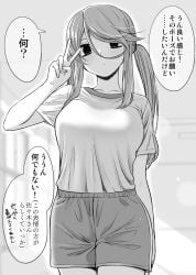 big_breasts gym_uniform ikari_manatsu kurai_anoko_to_shitai_koto monochrome peace_sign sasaki_touko