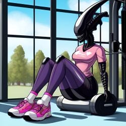 1girls 2020s 2023 ai_generated alien alien_(franchise) alien_girl female female_only female_xenomorph frosting.ai gym gym_clothes monster_girl scalieton self_upload tight_clothing xenomorph