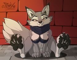 anthro brassiere breasts busty_feral canid canine cute_fangs female feral foot_focus fox furry furry_female genitals looking_at_viewer mammal nipples pawpads paws pawzzhky piercing pussy sitting_on_ground smile solo zhen_(kung_fu_panda)